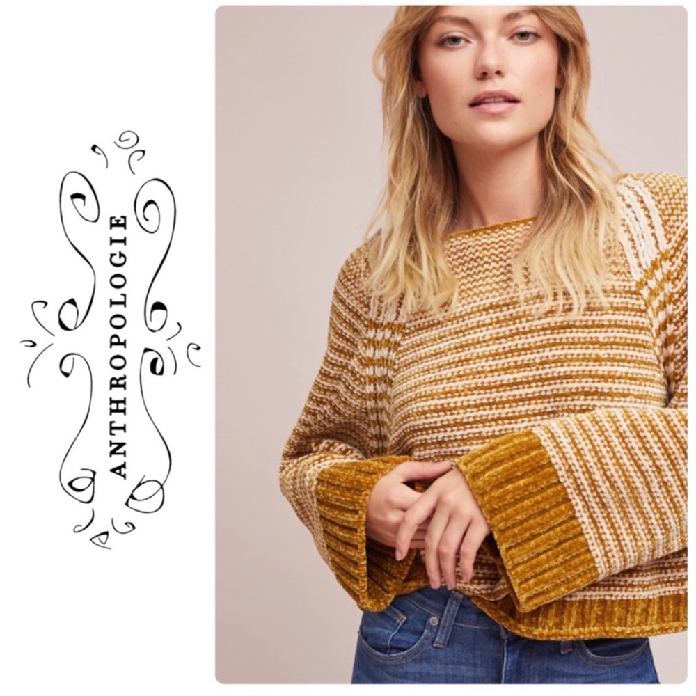 Anthropologie | Moth Chenille Mustard Striped Women's Sweater